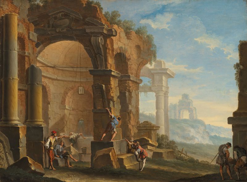 Un capricho con figuras conversando junto a ruinas clásicas, óleo sobre lienzo de Sebastiano Ricci