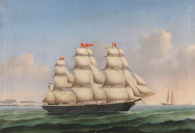 Cena marinha com o navio Ferdinand Brumm e penhascos de Lorenz Petersen, pintura a óleo