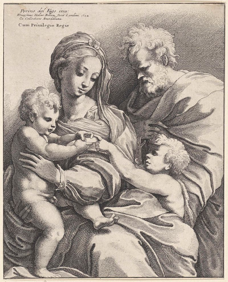 Heilige Familie met Johannes de Doper, grabado de Wenceslaus Hollar, con la Virgen María y el niño Jesús.