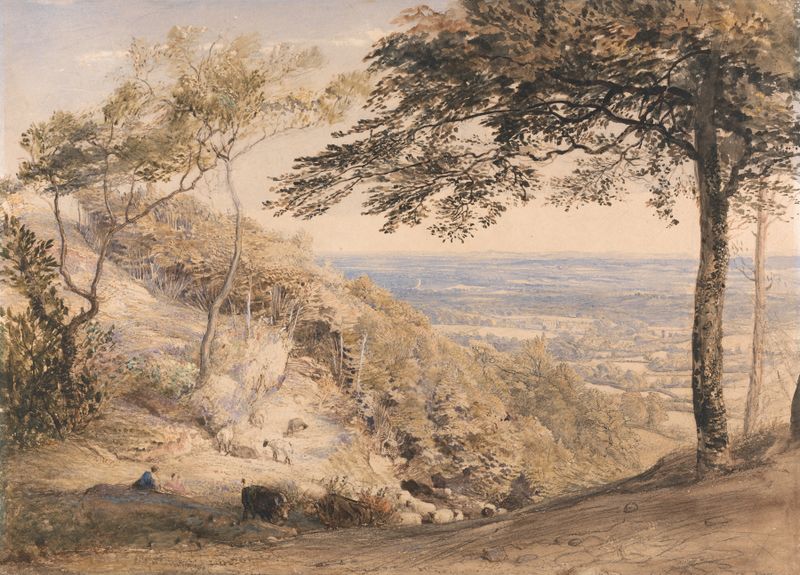 Landscape with golden light and trees by Samuel Palmer, oil painting