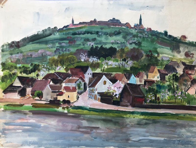 Pintura a óleo de paisagem por Otto Geigenberger com colinas e um castelo