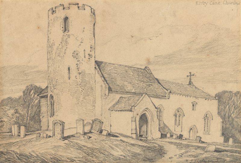 Kirby Cane church de John Sell Cotman, pintura al óleo que representa una iglesia en un paisaje tranquilo.
