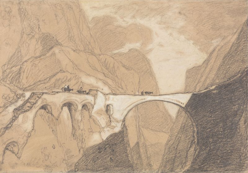 Paisagem romântica de John Sell Cotman com viajantes em uma ponte sobre um desfiladeiro alpino