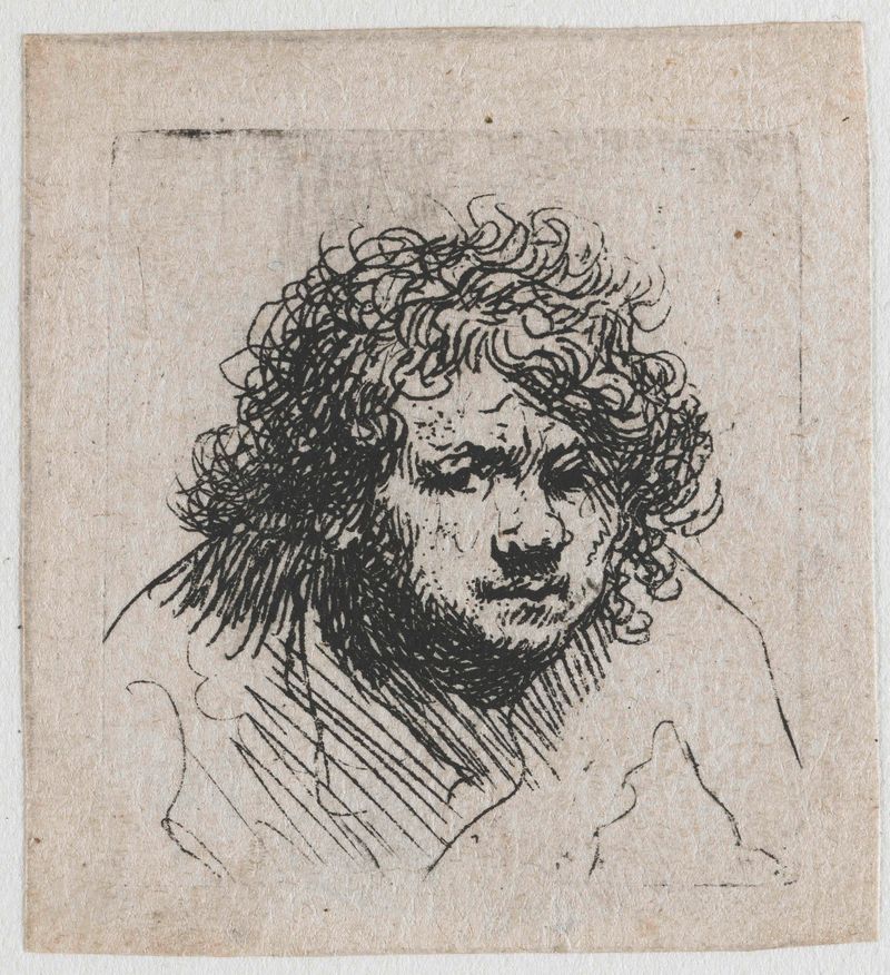 Autorretrato inclinado para frente: busto de Rembrandt van Rijn, gravura mostrando olhos intensos e luz no rosto.
