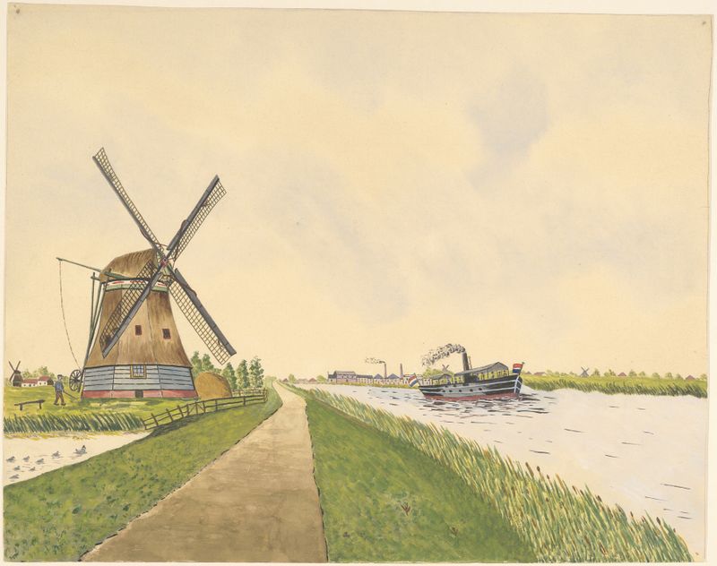 Pintura al óleo de paisaje de Johannes Nicolaas Eijman con un molino de agua y un barco de vapor.