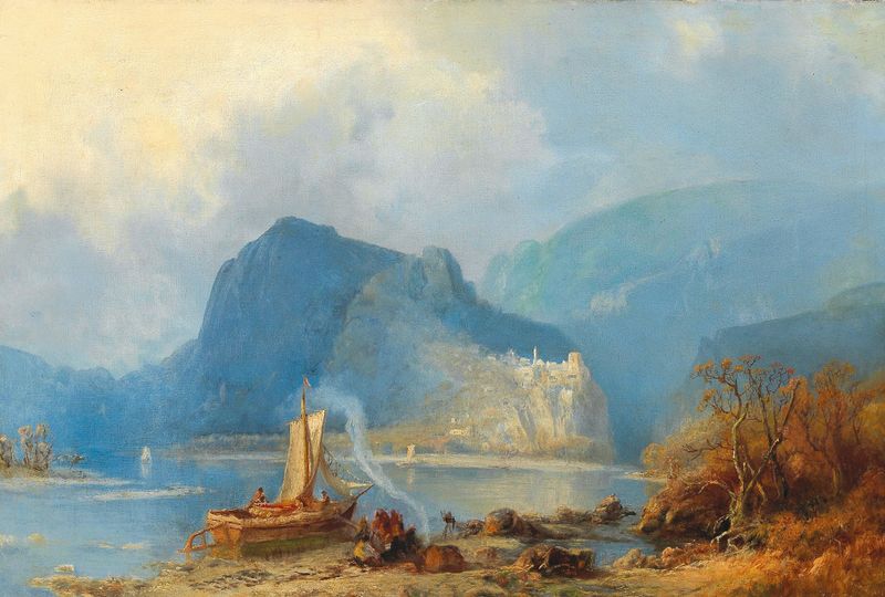Mountain lake in the Caucasus by Paul von Franken, oil painting depicting serene lake and mountains.