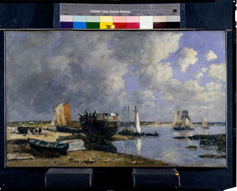 Boats at Anchor and Beachhead by Louis-Eugène Boudin, oil on canvas depicting boats by the shore
