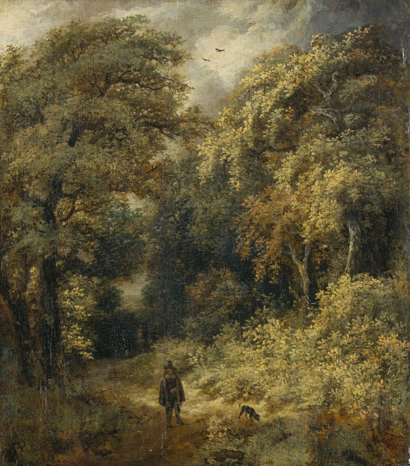 Caminho na Floresta com Pessoas Passeando, pintura a óleo de Jacob van Ruisdael