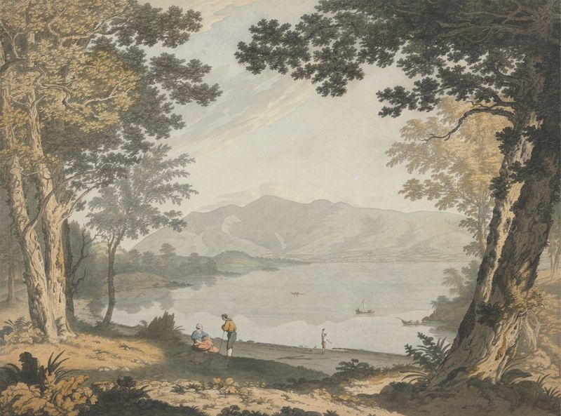 View of Skiddaw and Derwentwater by Joseph Farington, oil painting depicting a tranquil lake and mountains.