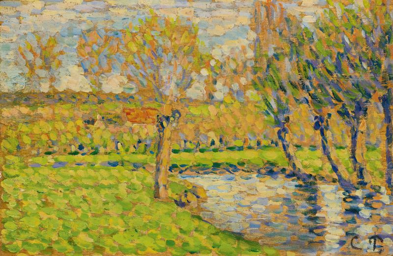 Pintura al óleo de Camille Pissarro que representa un río y un jardín con luz suave.