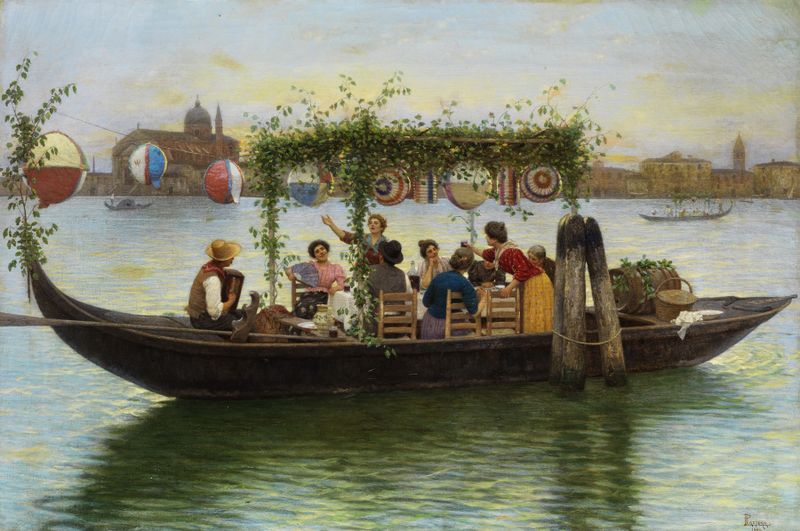 Escena de paisaje con figuras en un festival, pintura al óleo de Luigi Pastega