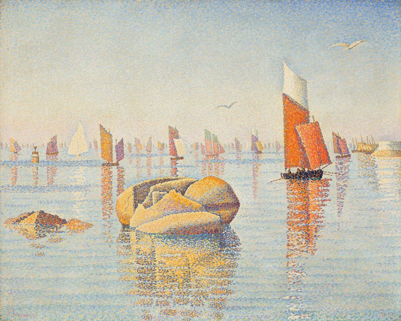 Concarneau, calme du matin de Paul Signac, óleo sobre tela que retrata uma paisagem matinal tranquila.