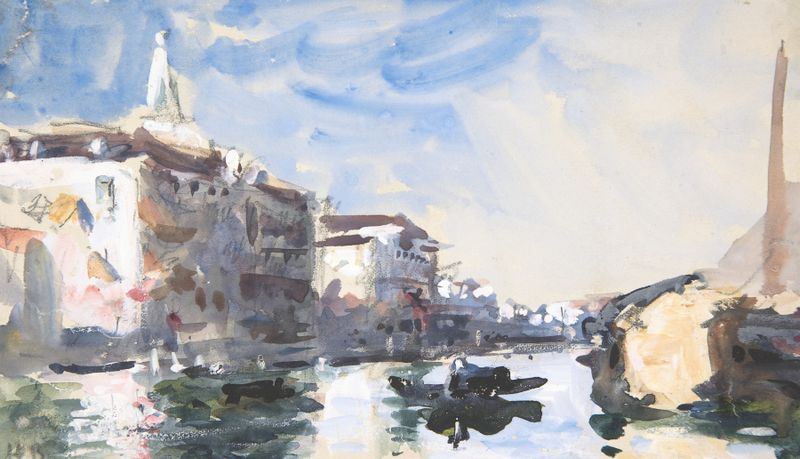Scene on the Grand Canal, Venice de Hercules Brabazon Brabazon, óleo sobre lienzo que muestra la luz del amanecer en la ar...