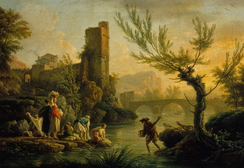 Paysage avec des lavandières de Claude-Joseph Vernet, óleo sobre lienzo que representa una escena rural tranquila.