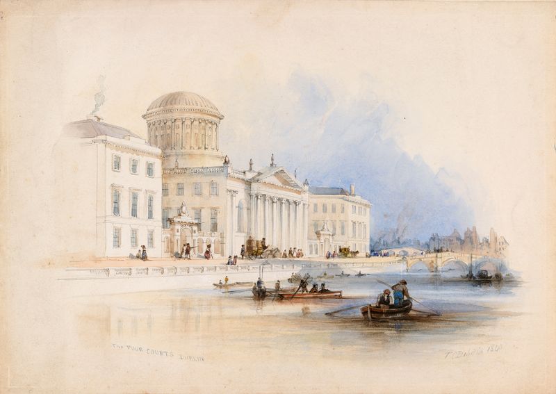 The Four Courts, Dublin by Thomas Colman Dibdin, oil painting depicting architecture under a cloudy sky.