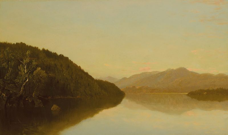Lake George de John Frederick Kensett, óleo que muestra aguas serenas y montañas distantes