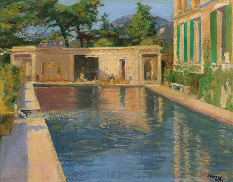 Swimming Pool, Southern France by Sir John Lavery, depicting turquoise water and whitewashed architecture, oil painting