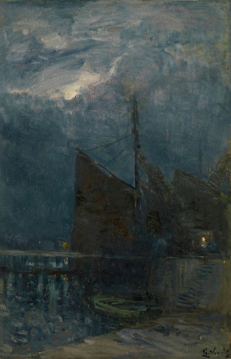 Marine scene of Entrance of a Harbour by Night by Guillaume Vogels, oil painting with moonlight reflecting on water.