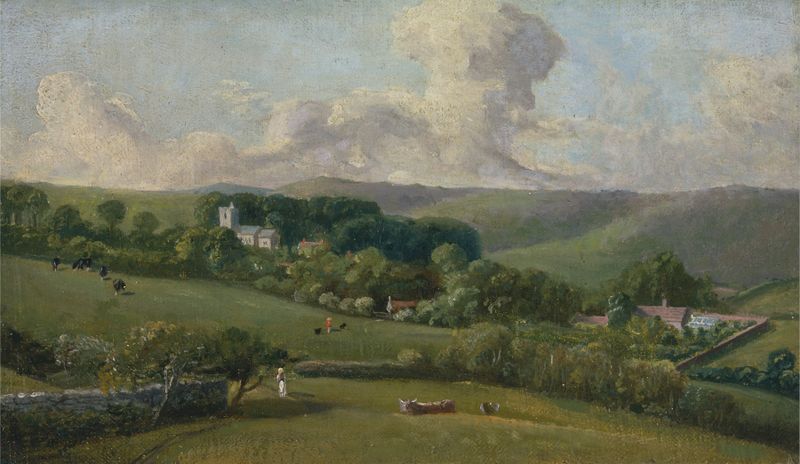 Landscape view of a village at twilight by John Fisher, medium unknown