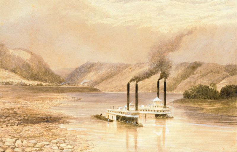 O rio Ohio perto de Wheeling, Virgínia Ocidental, de Lefevre James Cranstone, óleo sobre tela que retrata uma paisagem de ...