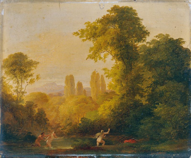 Landschaft mit mythologischer Staffage de Franz Schrotzberg, pintura al óleo que muestra colinas y luz dorada.