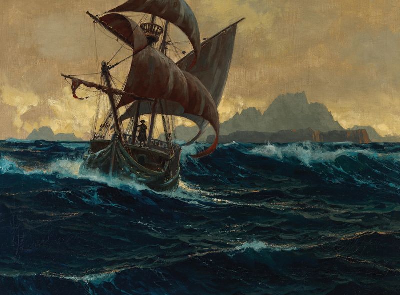 The Flying Dutchman by Michael Zeno Diemer, oil on canvas, depicting a ship in a stormy ocean.
