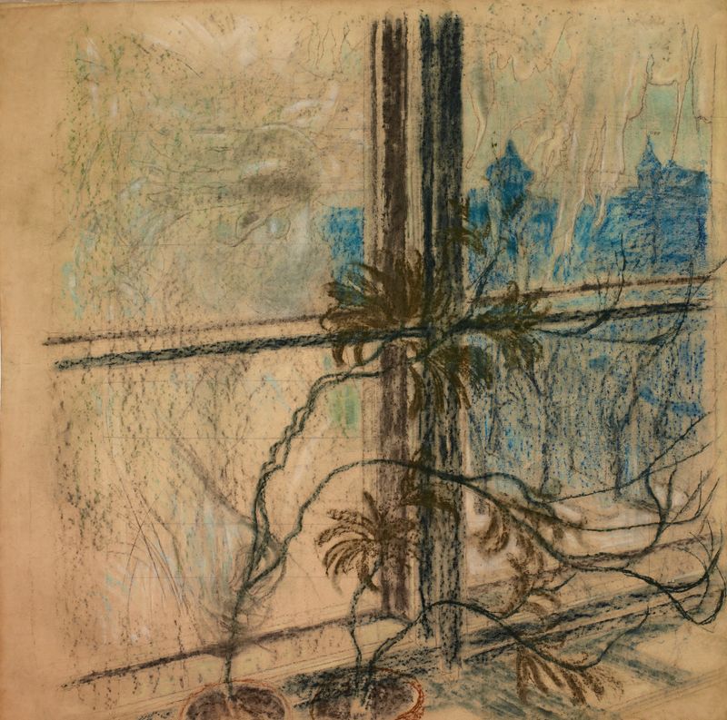 Cityscape oil painting by Stanisław Wyspiański showing a serene view from a window