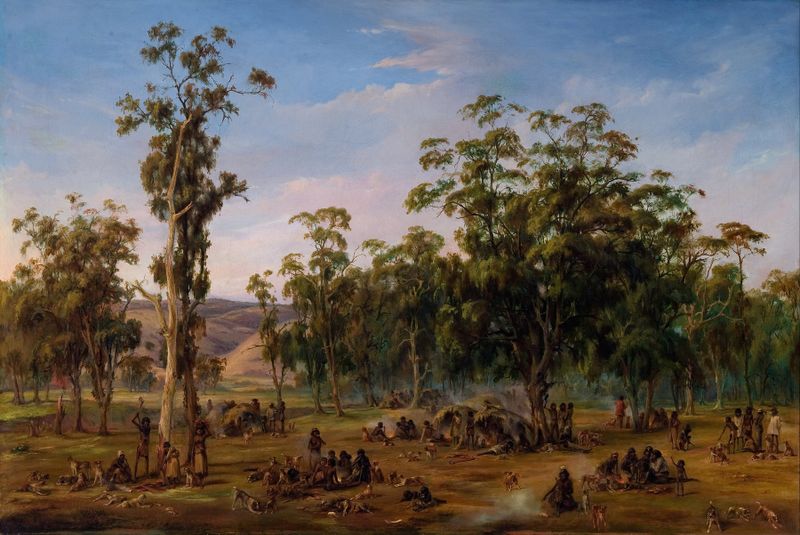 Un campamento aborigen al atardecer, óleo de Alexander Schramm