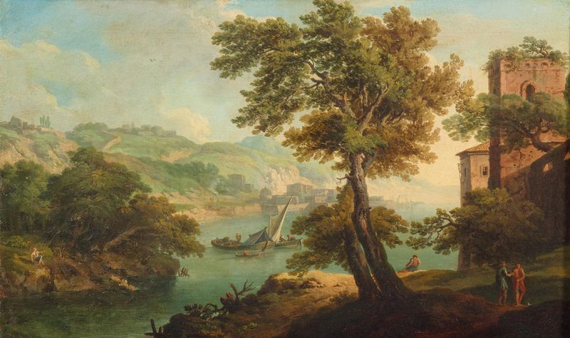 A mountainous river landscape with fishermen, oil painting by Paolo Anesi