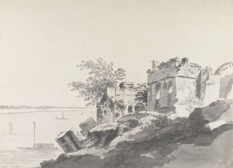 Original drawing by William Hodges, ink on paper, depicting a serene landscape with foliage.