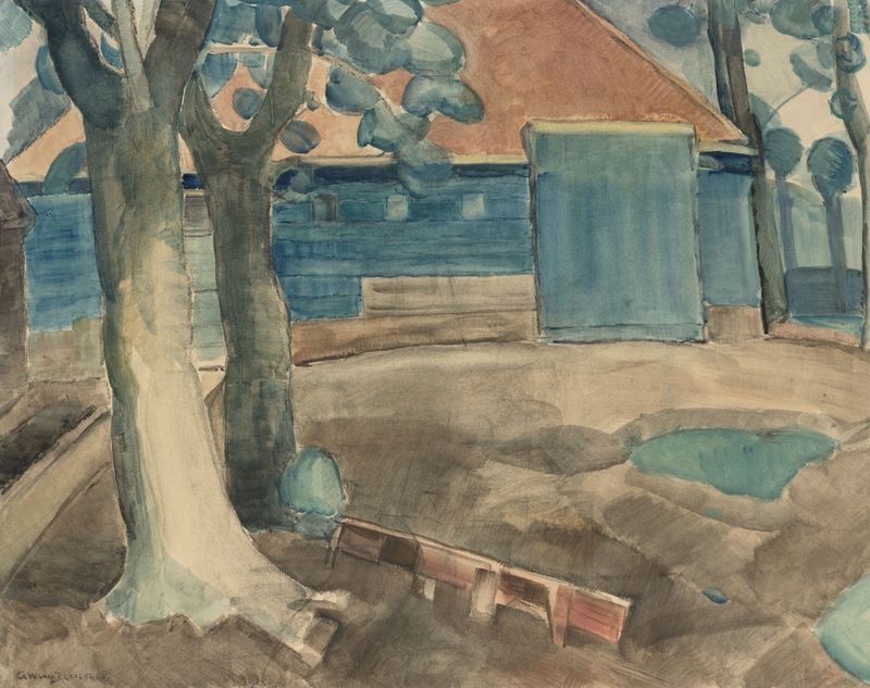 Óleo sobre lienzo de Gerrit van Blaaderen que representa una granja en un paisaje sereno de los Países Bajos
