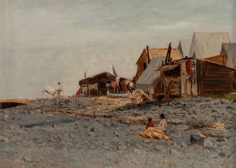 Salmon Fishery Village de Albert Bierstadt, óleo sobre lienzo que muestra un barco de pesca en un río.
