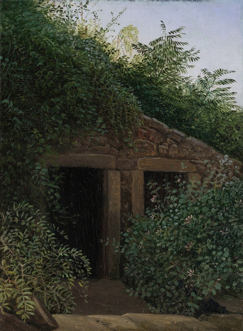 An Overgrown Mineshaft by Carl Gustav Carus, oil on canvas depicting overgrown vegetation.