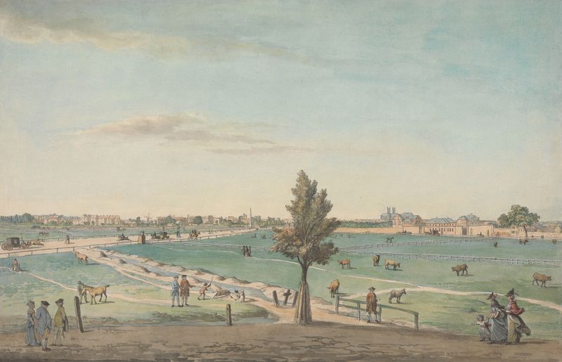 Kennington Common de Samuel Hieronymus Grimm, acuarela sobre papel que muestra figuras en un paisaje animado.
