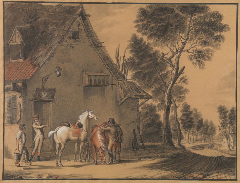 A Halt at the Inn by Eugène Joseph Verboeckhoven, oil painting depicting weary travelers at an inn.