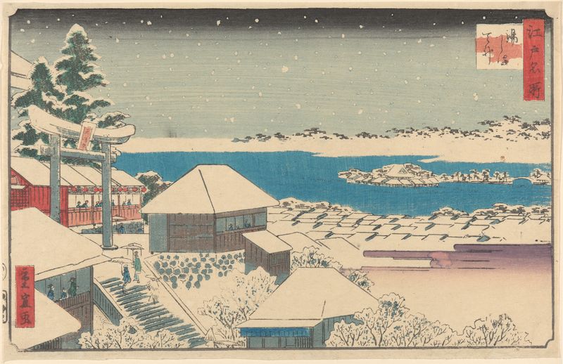 Temple Steps in Snow gravura em madeira de Utagawa Hiroshige