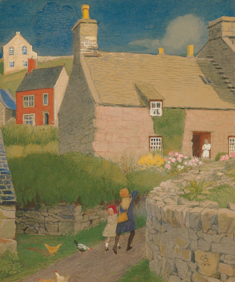 The Mill Cottage, Harlech, North Wales de Joseph Edward Southall, óleo que muestra una cabaña en un paisaje sereno