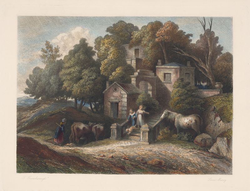 Landscape with a villa by Louis Marvy, oil on canvas depicting a tranquil sunrise over lush greenery.