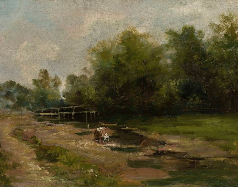 Landscape oil painting by Józef Szermentowski depicting hills and a pastel sky.