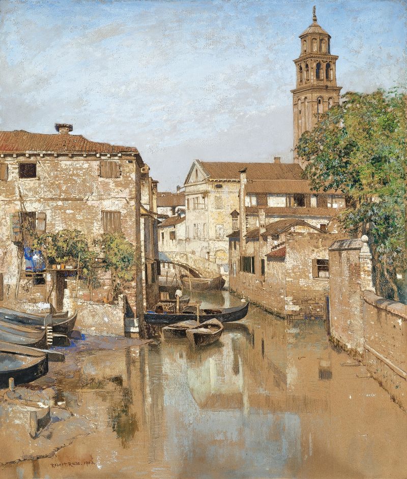 San Trovaso em Veneza por Robert Russ, óleo sobre tela mostrando um canal tranquilo com reflexos.