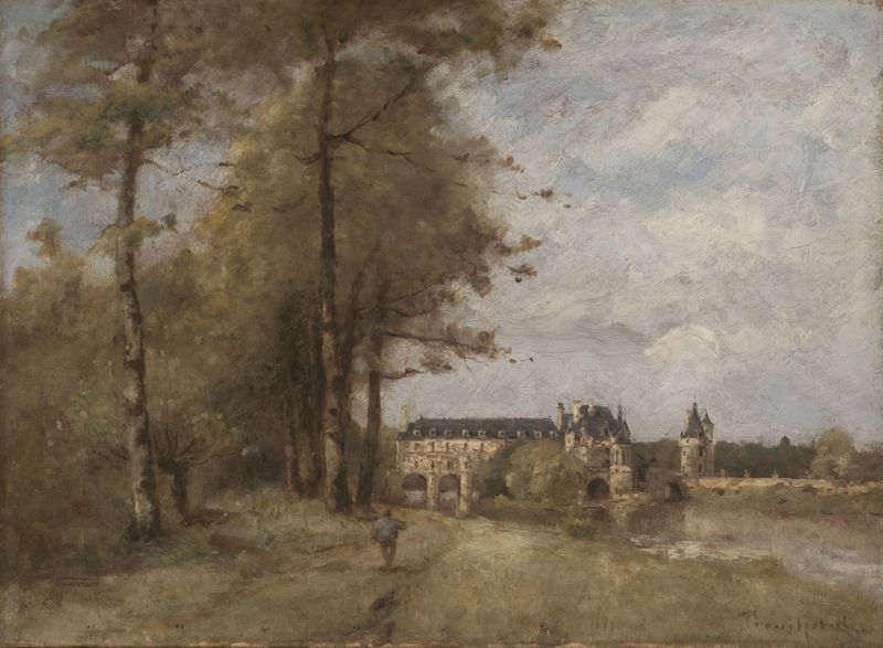 El castillo de Chenonceaux by Paul Désiré Trouillebert, oil on canvas depicting a castle by a river