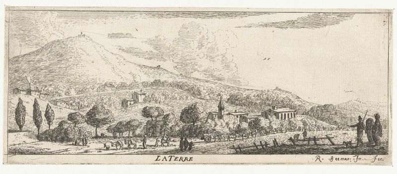 Grabado paisajístico de Reinier Nooms que representa el horizonte, la tierra y el cielo