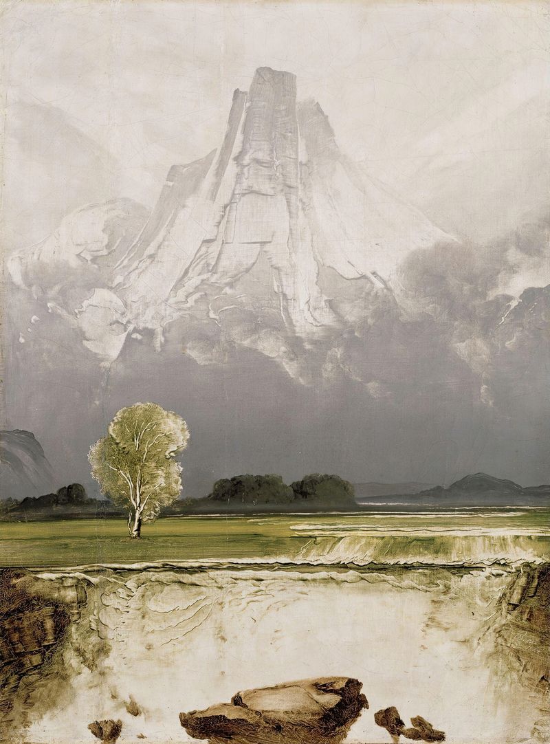 Stetind med bjerk by Peder Balke, oil on canvas depicting a mountain landscape with birch trees.