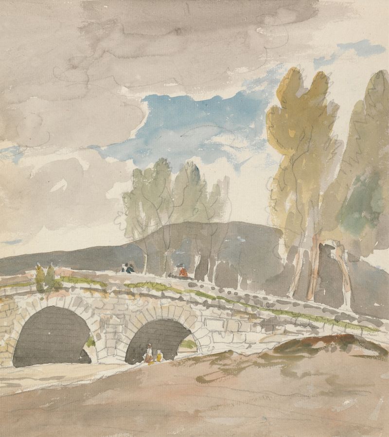 Landscape with a river and golden light, watercolor on paper by Carlo Labruzzi