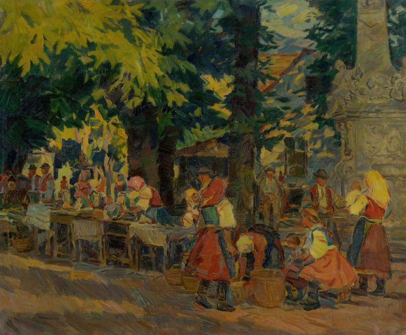 Fair in Marianka by Gustáv Mallý, Post-Impressionism, depicting a vibrant landscape