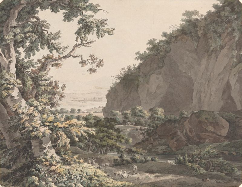 Um vale arborizado com penhascos rochosos, óleo sobre tela de Johann Conrad Steiner