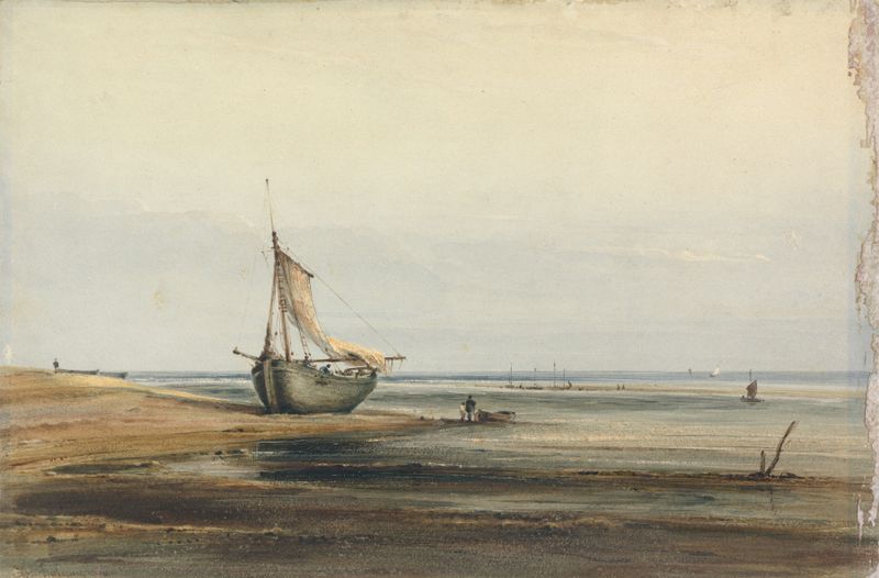 Coast Scene with a Beached Boat, oil on canvas by Copley Fielding