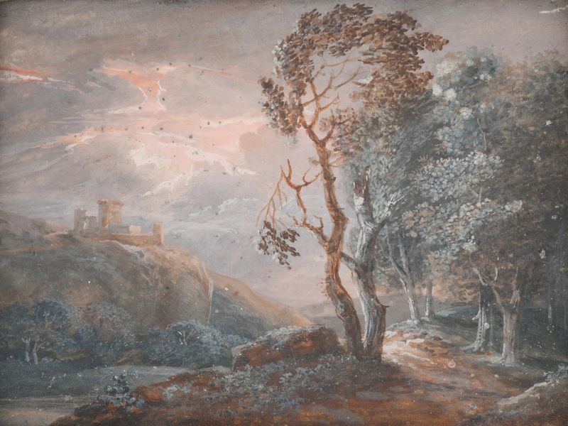 Landschaft de Johann Christian Brand, pintura al óleo que representa colinas verdes y cielos azules.