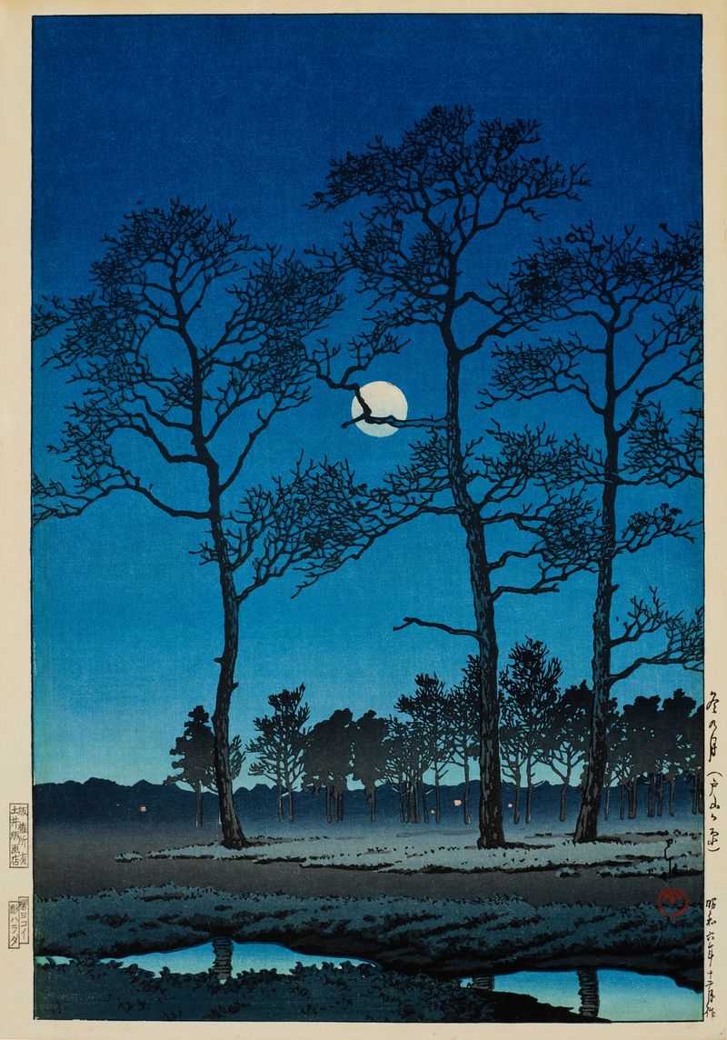 Winter landscape with moon and snow, woodblock print by Kawase Hasui