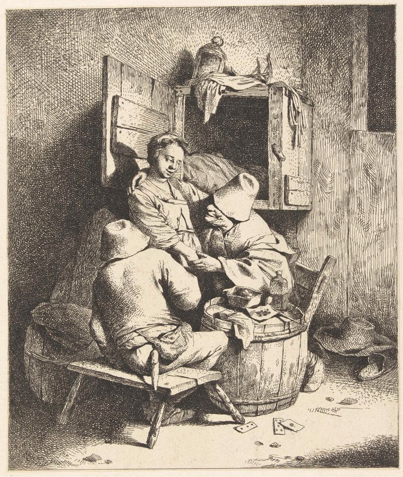 Etching by Cornelis Pietersz. Bega showing a woman and two men in a tavern